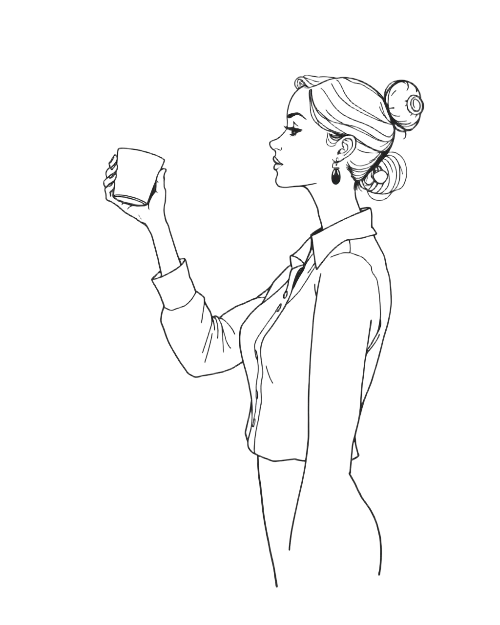 Hand-drawn sketch of an elegant woman raising a coffee cup