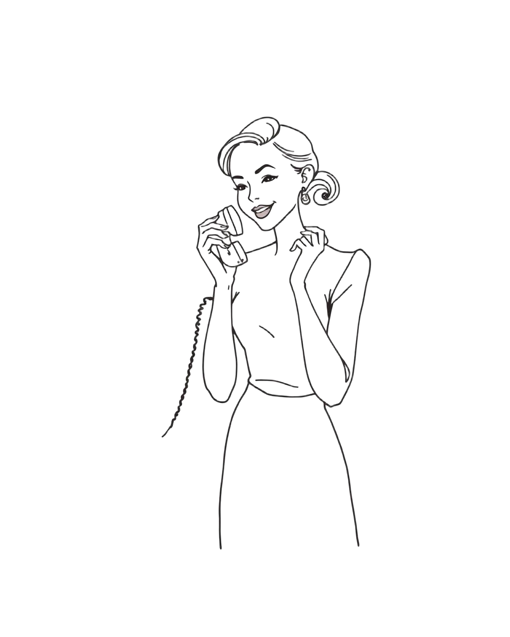 Hand-drawn sketch of a woman talking on a vintage telephone