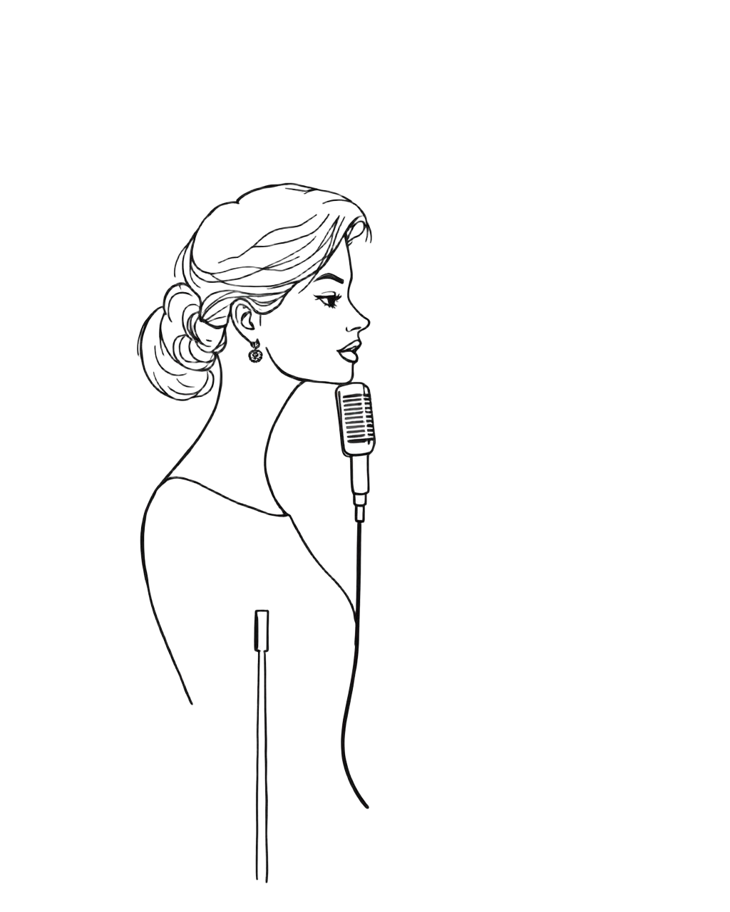 Hand-drawn sketch of an elegant woman speaking into a vintage microphone